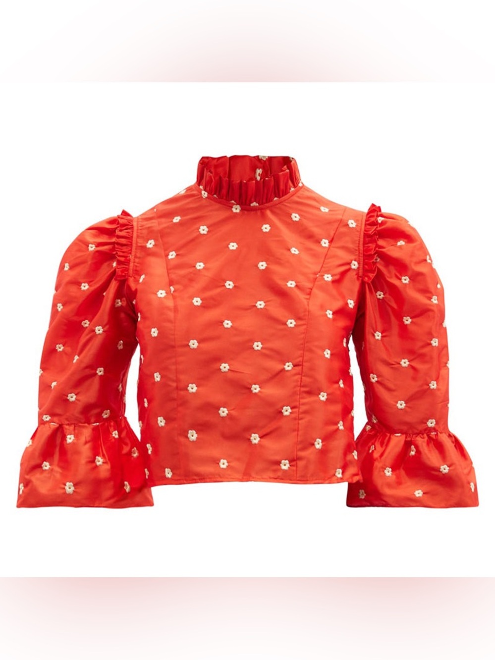 Batsheva Top Women’s 8 100% Silk Red Ruffle-Trim Puff Sleeve Blouse